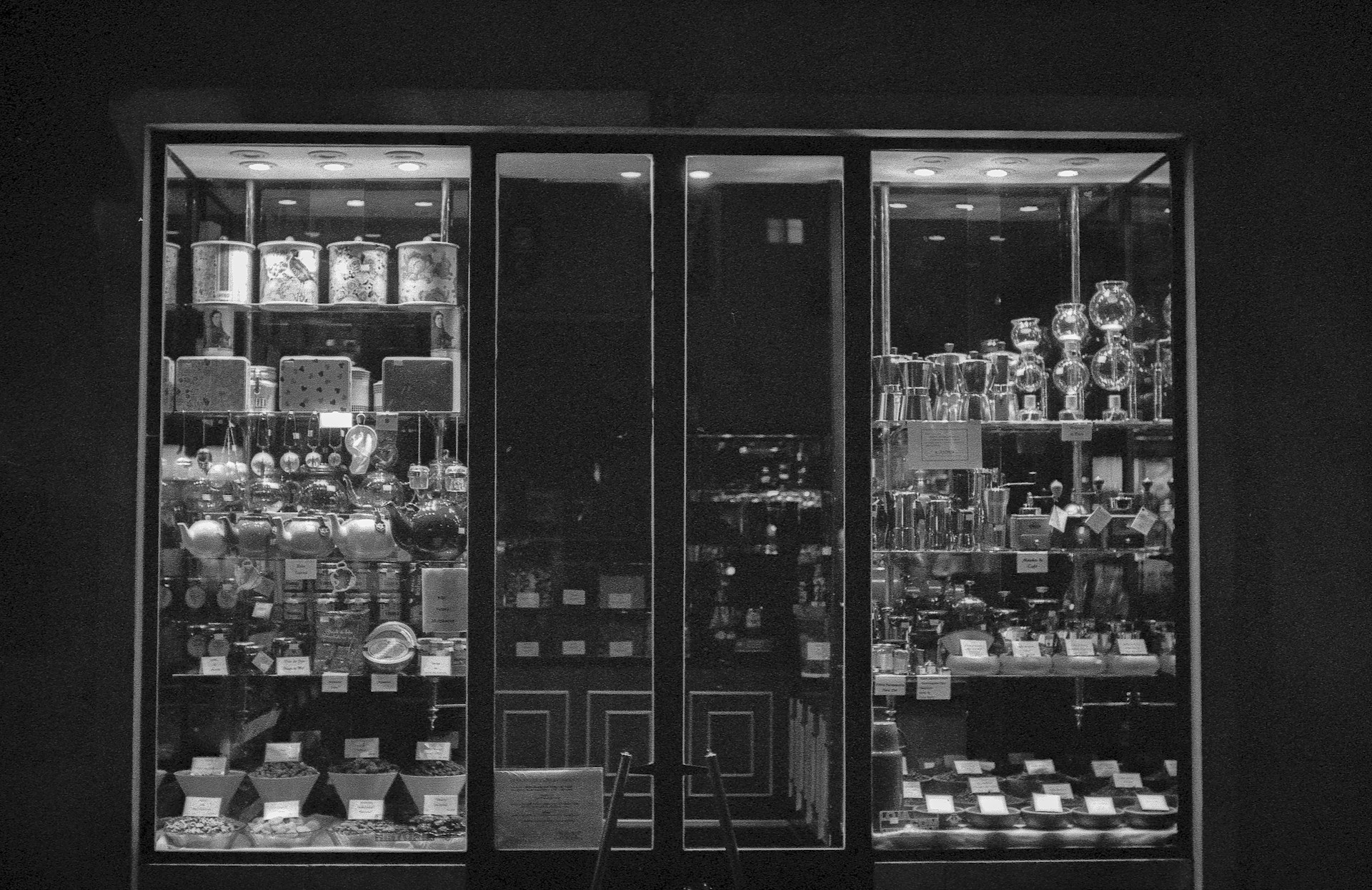 Independent storefront at night